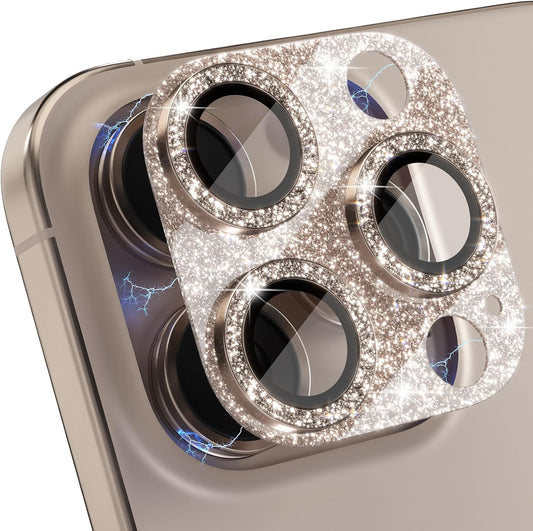 For iPhone 16 Pro/iPhone 16 Pro Max Camera Lens Protector, Shiny Camera Cover with 9H Tempered Glass Lens Screen Protector Metal Ring Accessory (Glitter Titanium Desert)
